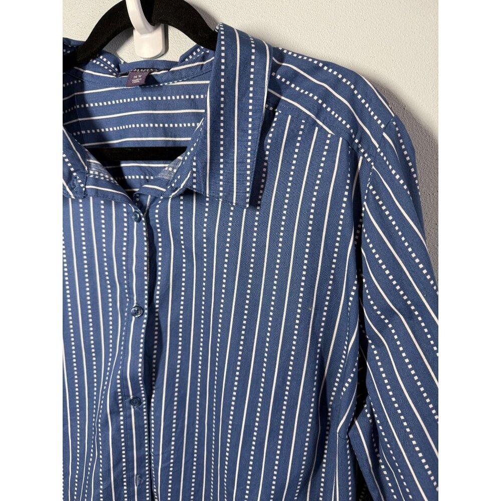 Roamans Womens Button Up Blouse Blue White Stripes Plus Size 26W 100% Cotton - Picture 4 of 12
